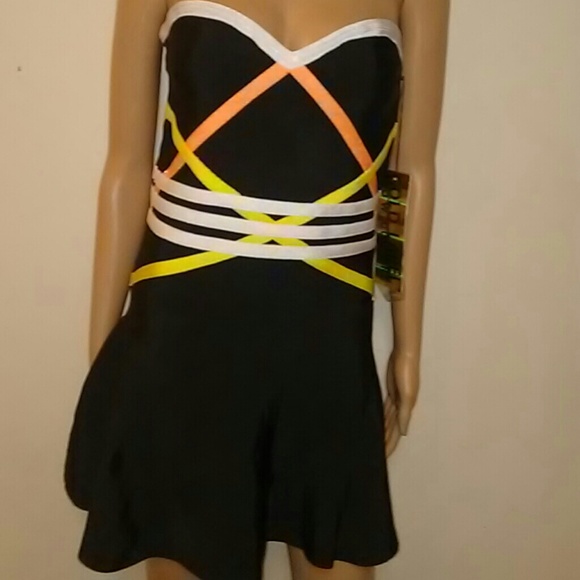 Sexy Strapless Black Dress with Colorful Detail - Picture 2 of 8